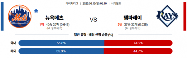 6월 15일 MLB 뉴욕메츠 vs 탬파레이