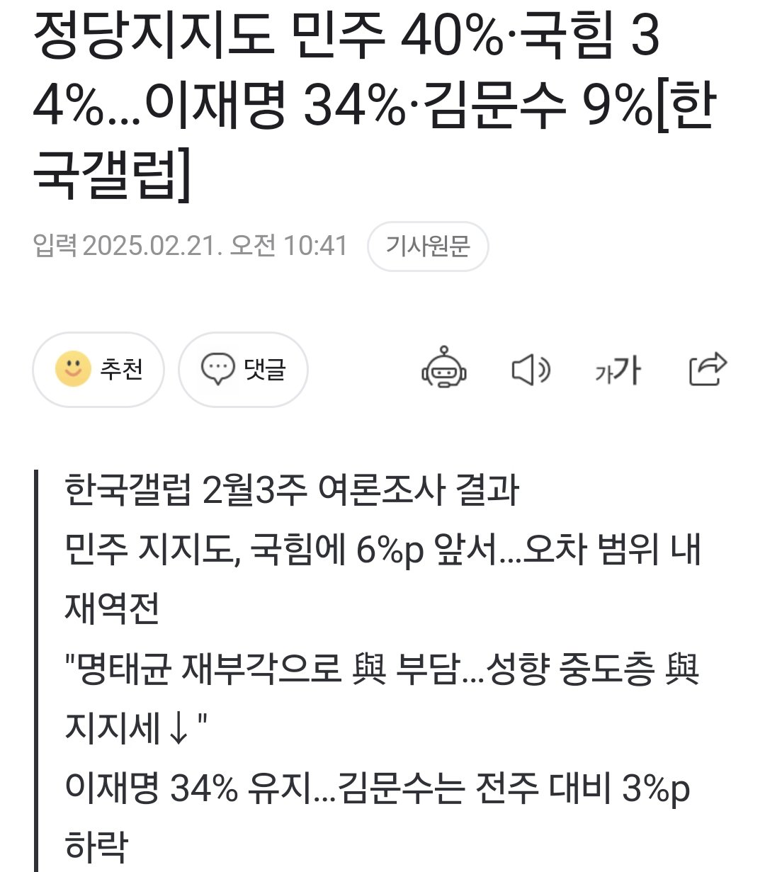 오늘자 갤럽 여론조사